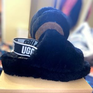 Black Fur Ugg Slides